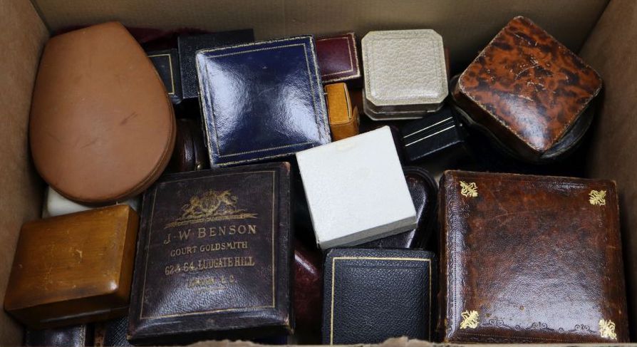 A collection of assorted jewellery boxes including Tillander, Benson & Harrods.